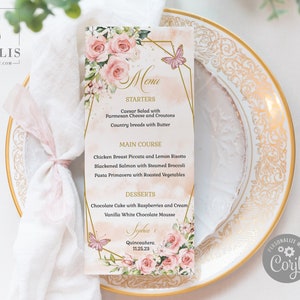 EDITABLE Menu Template, Blush Flowers, Butterfly, Quinceanera, Sweet 16, Wedding, 15th Birthday, Brunch, Dinner, Instant Download, QU054B