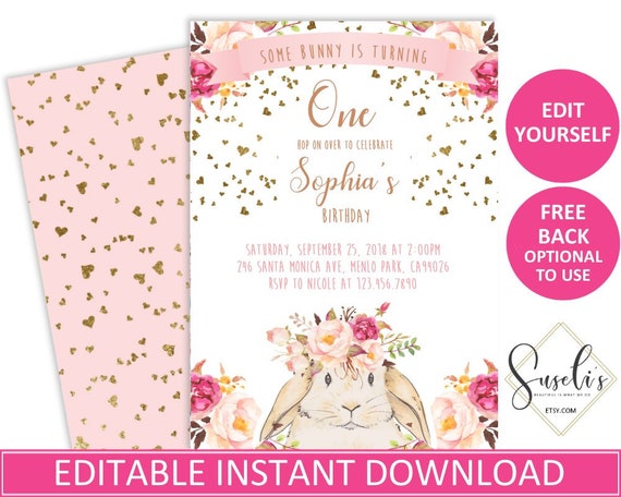 some bunny birthday invite editable invitations template etsy