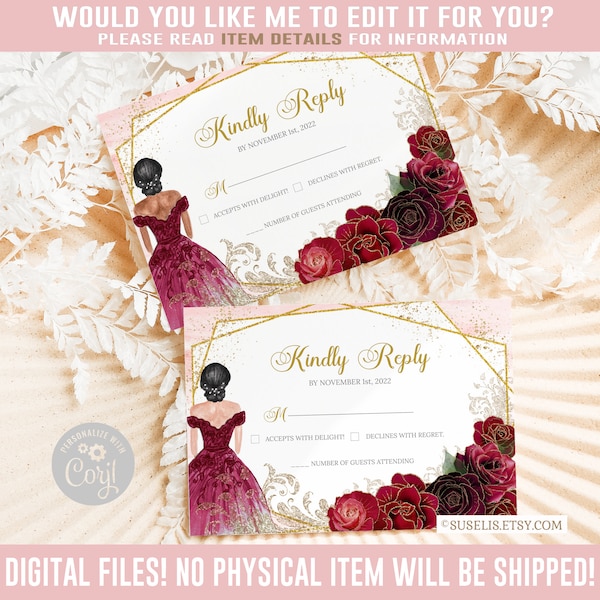 Editable RSVP Card, Kindly Reply, Ruby Red Gold Flowers Roses, Mis Quince Anos, 15th Birthday, Corjl Template, Instant Download QU169