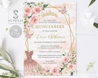 Editable Quinceañera Invitation, Blush Pink Floral Butterfly QU054B