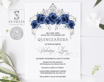 EDITABLE Quinceanera Invitation Template, Navy Blue Flowers, Butterfly, Mis Quince, Sweet 16, Printable, Instant Download, QU091