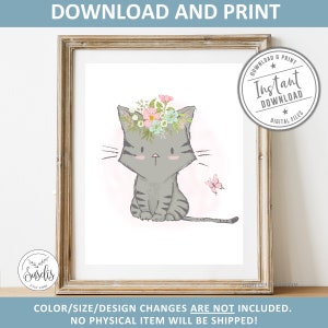 Printable Nursery Cat Print, Animal Nursery Prints, Nursery Sign, Watercolor Kitten Flowers, Girls room poster, Gift Kids, DIGITAL FILES