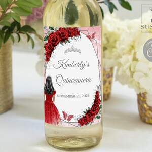 EDITABLE Quinceañera Wine Bottle Label Template, Silver Ruby Red Flowers, Butterfly, Mis Quince, Favor labels, Instant Download, QU197