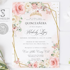 EDITABLE Quinceanera Invitation & Back Template, Blush Pink White Flowers, Butterfly, Mis Quince, 15th Birthday, Instant Download, SU051