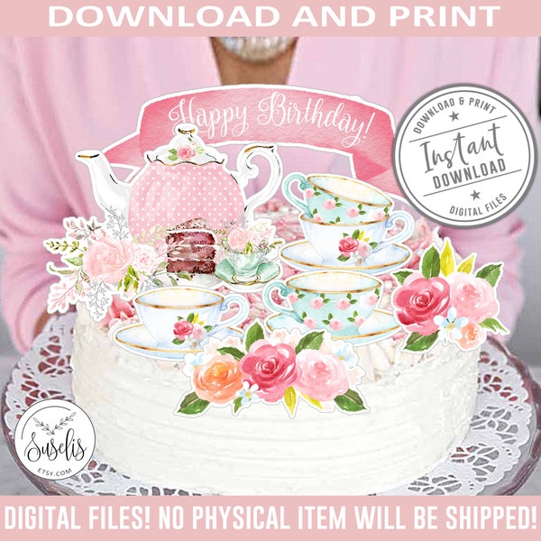 Printable Tea Party Centerpiece, Cake Toppers, Party Decoration, Cut Outs, Brewing Tea Theme, Cake Decor, DIGITAL FILE, 10-107