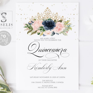 EDITABLE Navy Blush Pink Quinceanera Invitation Template, Navy Blue, Sweet 16, Mis Quince, Sweet Sixteen, Printable, Instant Download, QU031