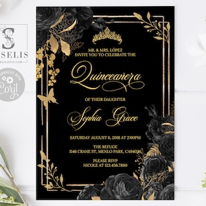 EDITABLE Quinceanera Invitation & Back Template, Gold Black Flowers, Mis Quince, Sweet Sixteen, Printable, Instant Download, QU121