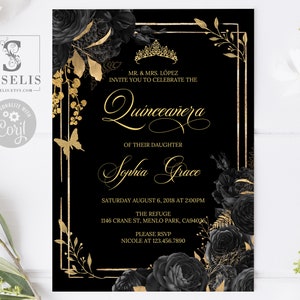 EDITABLE Quinceanera Invitation & Back Template, Gold Black Flowers, Mis Quince, Sweet Sixteen, Printable, Instant Download, QU121