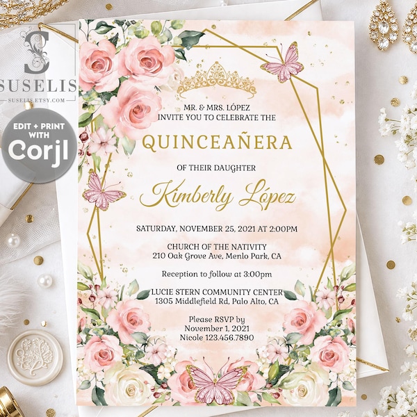 Blush Quinceanera Invitation & Back EDITABLE Corjl Template, Pink Flowers, Mis Quince, Sweet Sixteen Sweet 16, Instant Download, QU054B