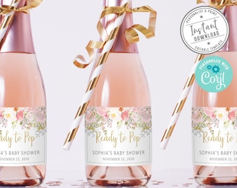 EDITABLE Ready to Pop Mini Wine Or Champagne Bottle Labels, Corjl Template, Instant Download, Baby Shower Pink Floral Instant Download BS082