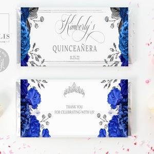 EDITABLE Royal Blue Quinceañera Chocolate Wrapper Template, Candy Bar, 15th Birthday, Party Favors, Instant Download Digital, QU121B