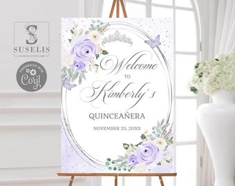 EDITABLE Quinceañera Welcome Sign Template, Sweet Sixteen, Sweet 16, Mis Quince, Purple Lavender Flowers, Printable, Instant Download,QU210D