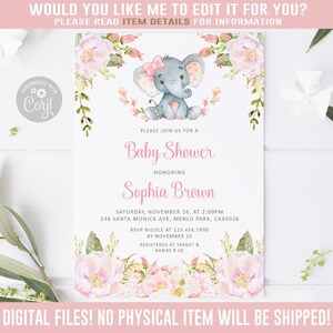 EDITABLE Baby Shower Sprinkle Invitation, Corjl Template, Watercolor Elephant, Blush Pink Flowers, Instant Download, Printable Digital BS053