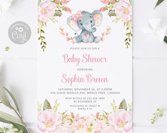 EDITABLE Baby Shower Sprinkle Invitation, Corjl Template, Watercolor Elephant, Blush Pink Flowers, Instant Download, Printable Digital BS053