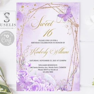 EDITABLE Sweet Sixteen Invitation Template, Purple Flowers, Butterfly, Sweet 16 Invite, Quinceañera, Printable, Instant Download, SW16023