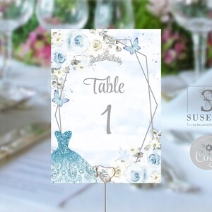 EDITABLE Table Numbers Template, Quinceanera, Silver Blue Flowers, Butterfly, Mis Quince, Sweet 16, Printable, Instant Download, QU054A