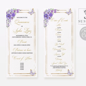 EDITABLE Program Template, Purple Flowers, Quinceañera, Sweet Sixten, Butterfly, Sweet 16, Mis Quince, Printable, Instant Download, QU070