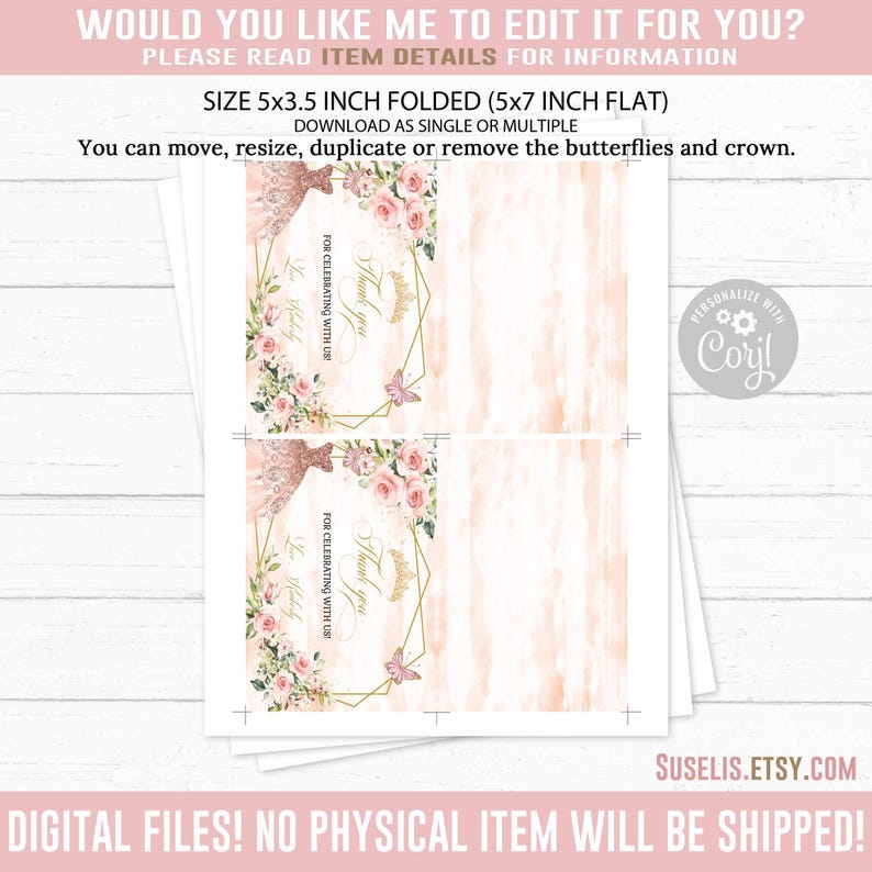Editable Thank You Card Template, Folded, Blush Pink Flowers, Butterfly ...