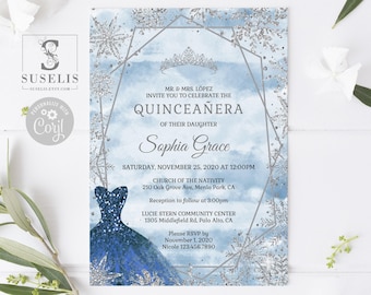 EDITABLE Winter Wonderland Quinceanera Invitation, Blue Silver, Snow, Mis Quince Anos, 15th Birthday, Corjl Template, Instant Download SU030