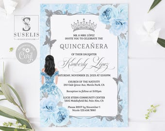 EDITABLE Quinceanera Invitation Template, Baby Blue Flowers, Mis Quince, Sweet 16, 15th Birthday, Printable, Instant Download, QU189