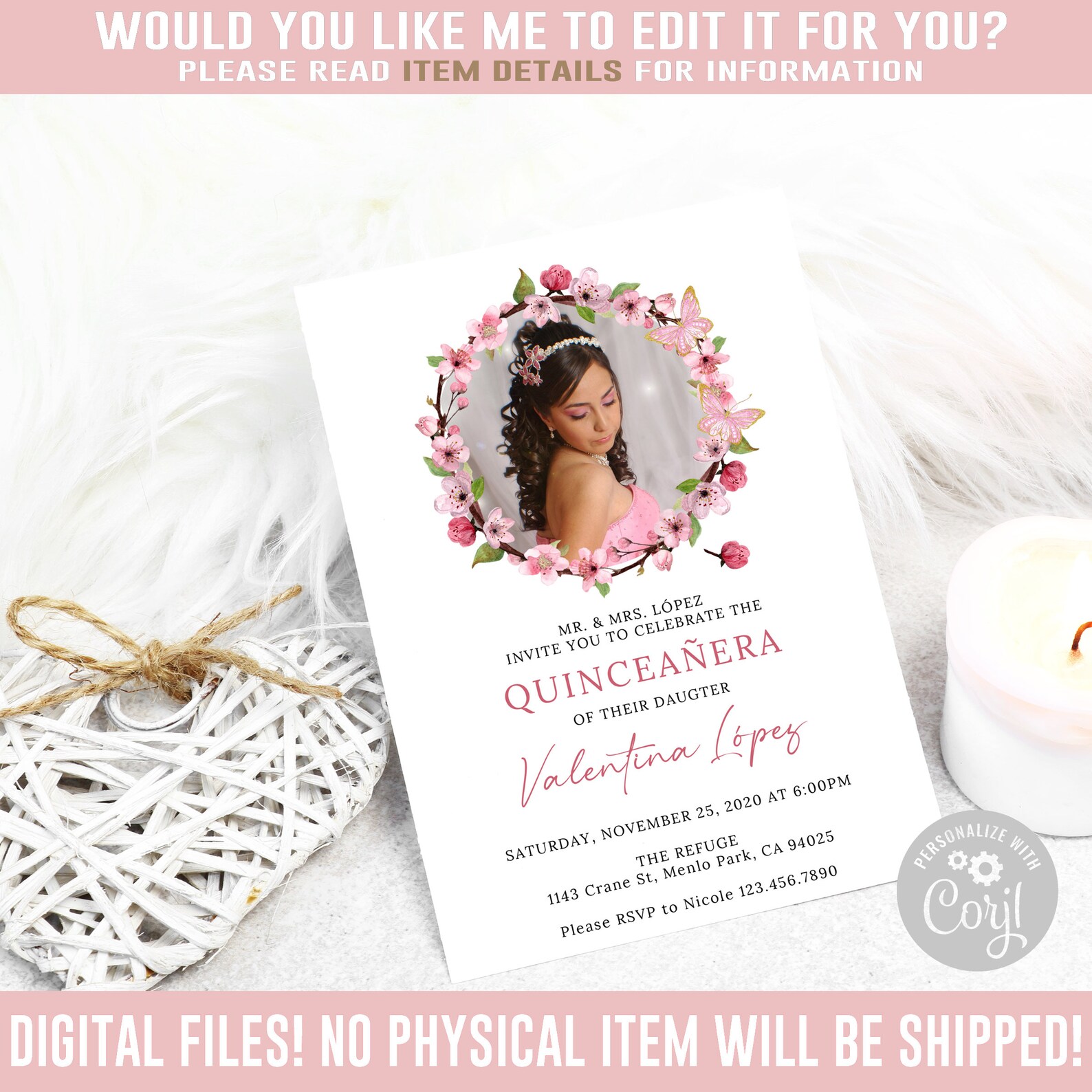 EDITABLE Cherry Blossom Quinceanera Invitation Corjl Etsy
