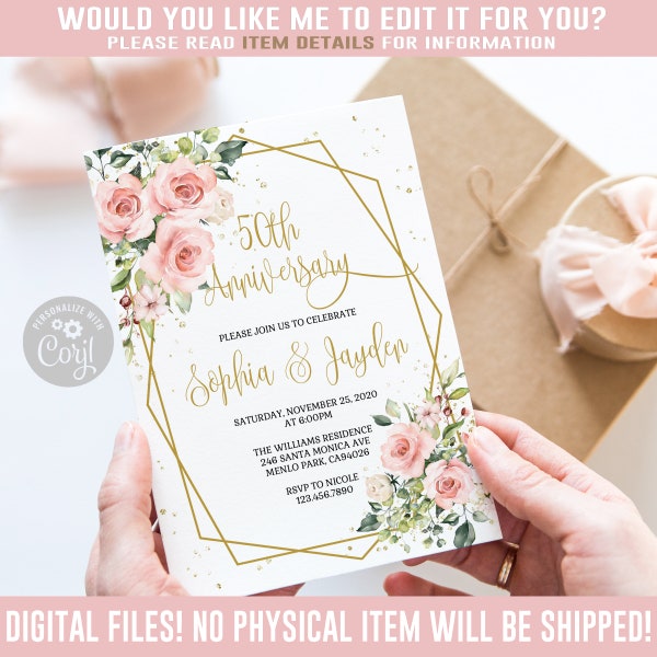 EDITABLE, Any Year, Wedding Anniversary Invitation, Corjl Template, Blush Pink Flowers, Instant Download, Printable Card DIGITAL File, SU022