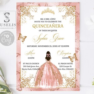 EDITABLE Quinceanera Invitation Template, Rose Gold Ornaments, Sweet 16, Mis Quince, 15th Birthday, Printable Instant Download, QU137