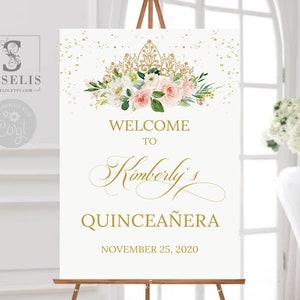 Editable Quinceanera Welcome Sign, Template, Blush Pink Flowers,  Sweet Sixteen, 16th Birthday, Printable Instant Download, DIGITAL, QU004