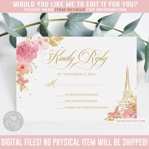 Editable Paris RSVP Card, Kindly Reply, Blush Pink Flowers, Mis Quince Anos, 15th Birthday, Corjl Template, Instant Download, QU073