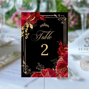EDITABLE Table Numbers Template, Quinceanera, Ruby Red Flowers, Mis Quince Anos, 15th Birthday, Corjl Template, Instant Download, QU140