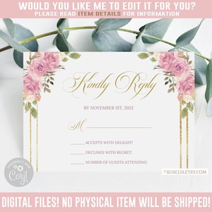 Editable Quinceañera RSVP Card, Kindly Reply, Pink Gold, Mis Quince Anos, 15th Birthday, Corjl Template, Instant Download QU116