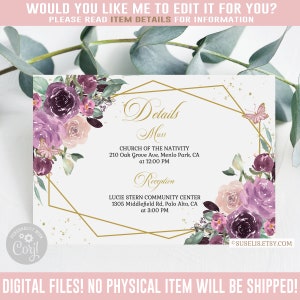 Editable Details Card, Enclosure, Purple Flowers, Butterfly, Mis Quince Anos, 15th Birthday, Corjl Template, Instant Download, QU026