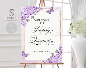 EDITABLE Quinceañera Welcome Sign Template, Purple Flowers, Sweet 16, Poster, Signage, Mis Quince, Sweet Sixteen, Instant Download, QU058
