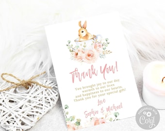 Editable Tea Party Thank you Card, Corjl Template, Bunny Blush Pink Flower, Baby Shower, Instant Download, Printable Birthday DIGITAL, BS221