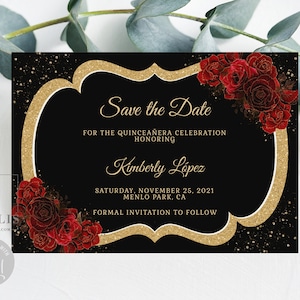 Editable Save the Date Card Template, Ruby Red Roses, Quinceañera, Sweet 16, Mis Quince 15th Birthday, Printable, Instant Download, QU192