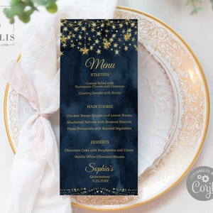 EDITABLE Template, Menu, Starry Night, Quinceanera, Blue Under the Stars, Mis Quince, Sweet 16, Printable, Instant Download QU103