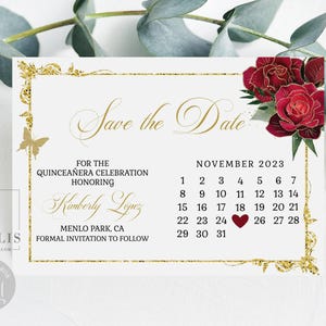 Editable Save the Date Card Template, Calendar, Ruby Red Flowers, Save the Day, Quinceañera, Sweet 16, Wedding, Instant Download, QU182