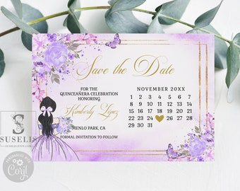 Editable Template Calendar Save the Date, Purple Flowers, Quinceañera, Sweet 16, Mis Quince, 15th Birth, Printable, Instant Download, SU010