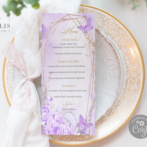 EDITABLE Menu Template, Purple Flowers, Quinceanera, Sweet 16, Reception Menu, Quince, 15th Birthday, Printable, Instant Download, QU069A