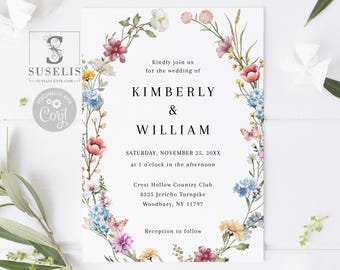 May include: A white wedding invitation card featuring a floral wreath border with colorful wildflowers and butterflies. The text reads: Kindly join us for the wedding of Kimberly & William, Saturday, November 25, 20XX, at 1 o'clock in the afternoon, Crest Hollow Country Club, 8325 Jericho Turnpike, Woodbury, NY 11797, Reception to follow.