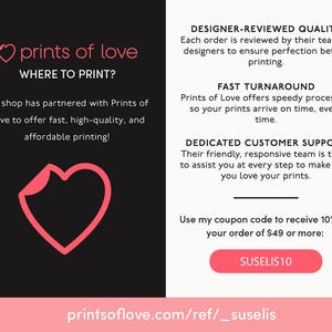 The image is a promotional graphic for a shop called "prints of love" that offers fast turnaround and dedicated customer support. It features a pink heart-shaped logo and provides information about the shop's partnership with Prints of Love and their commitment to quality.