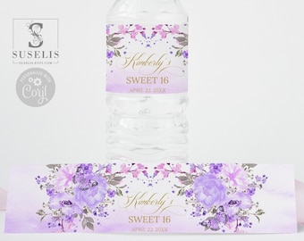 May include: A clear plastic water bottle with a custom label featuring purple watercolor flowers, butterflies, and gold text that reads Kimberly's SWEET 16 APRIL 22 20XX. The label is also displayed flat in front of the bottle.