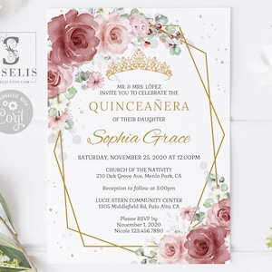 EDITABLE Quinceanera Invitation & Back Template, Red Roses Flowers, Mis Quince, Sweet Sixteen, Sweet 16, Printable, Instant Download, QU052