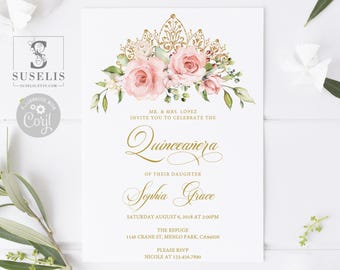EDITABLE Quinceanera Invitation & Back Template, Blush Pink Flowers, Mis Quince, Sweet Sixteen, Sweet 16, Printable Instant Download, QU021