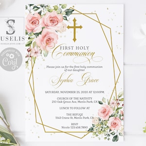 EDITABLE Template First Holy Communion Invitation, Watercolor Blush Pink Flower Theme, Instant Download, Printable Invite, Digital, SU022