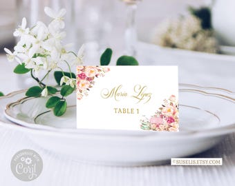 Editable Place Card, Corjl Template, Table Seating Card, Blush Pink Flowers, Seating Card, Escort, 15th Birthday, Instant Download, SU018