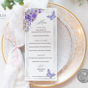 EDITABLE Menu Template, Purple Flowers, Quinceanera, Sweet 16, Reception Menu, Mis Quince, 15th Birthday, Printable, Instant Download, QU070