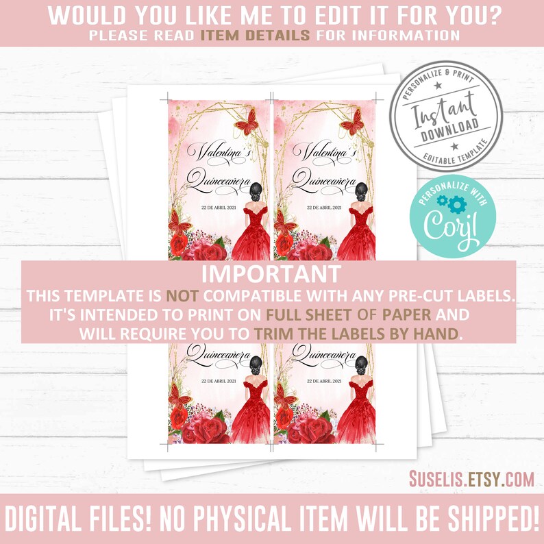 EDITABLE Quinceañera Wine Bottle Labels Red Roses Butterfly Etsy