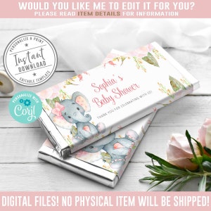 EDITABLE Baby Shower Chocolate Wrapper, Girl Elephant, Corjl Template, Candy Bar, Instant Download, Party Favors, Digital file, BS053