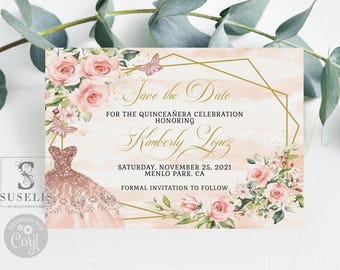 Editable Save the Date Template, Blush Pink Flowers, Quinceañera, Sweet 16, Mis Quince, 15th Birthday, Printable, Instant Download, QU054B
